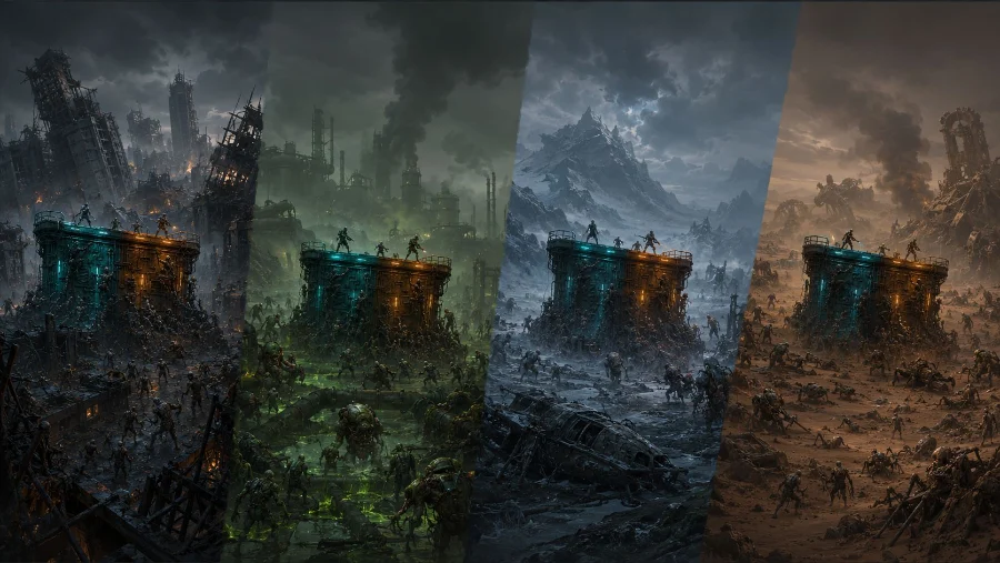 The same tower across four biomes: ruined city, toxic swamp, alpine, desert