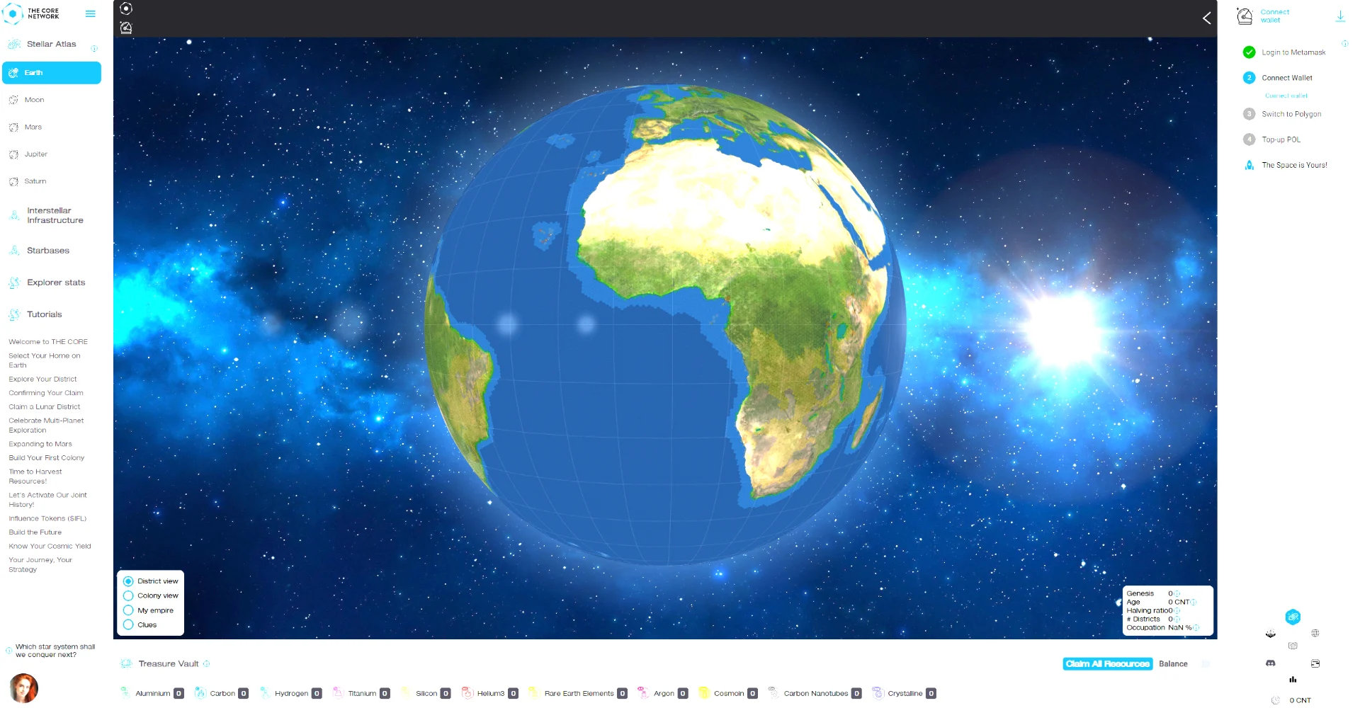 The Core — Earth district view with the resource bar